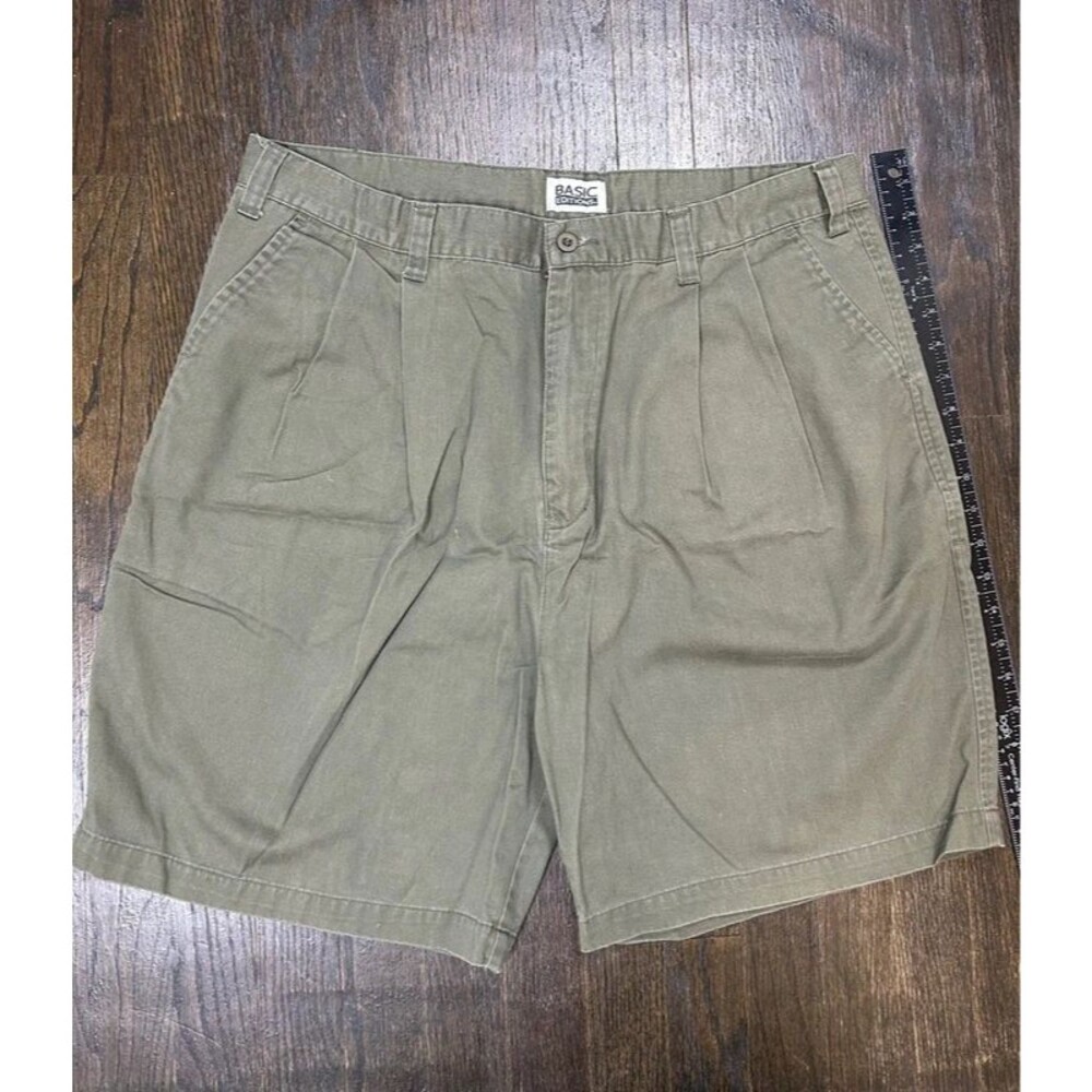 VTG 90s Basic Editions Olive Green Pleated Chino Shorts 38x8 Retro 100% Cotton